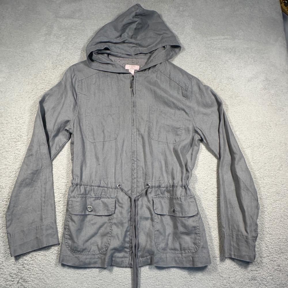 St. Tropez West Linen Hooded Utility Jacket Womens‎ Medium Grey Drawstring Waist